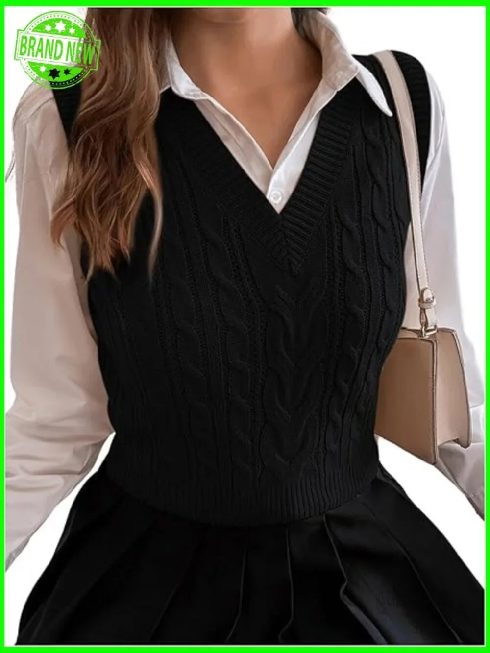 Cable Knit V-Neck Sweater Vest Sleeveless Crop Top Acrylic Lightweight